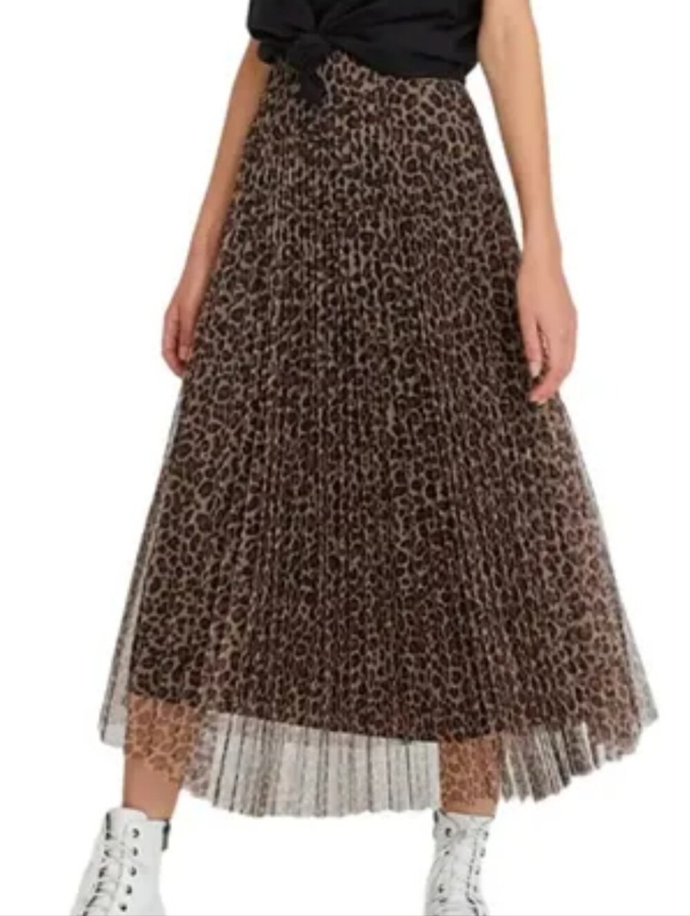 Handmade Sheer Leopard Print Pleated Midi Skirt, See-Through Mesh Tulle Small